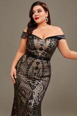 Curveins Plus Size Off-Shoulder Floral Pattern Curve-Hugging Mermaid Maxi Dress