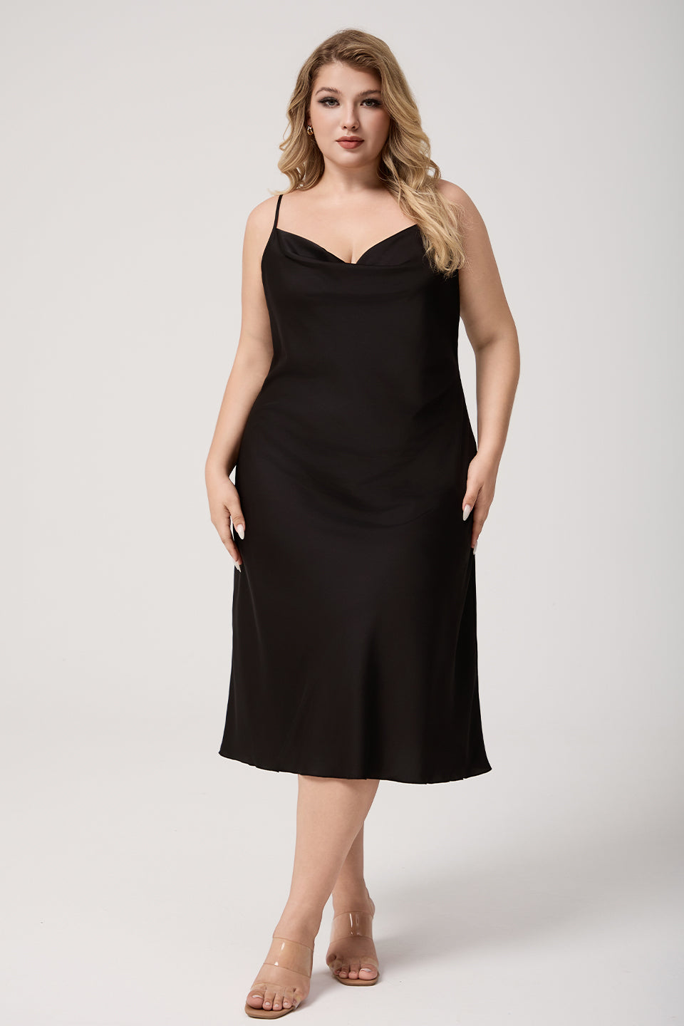 Curveins Plus Size Satin Cowl Neck Spaghetti Strap Loose Fit Sleep Dress