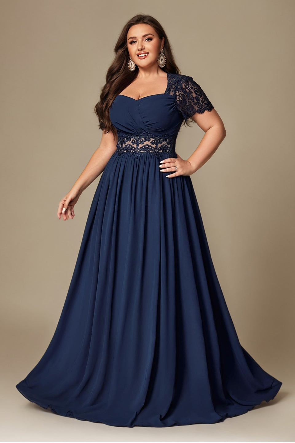 Curveins Plus Size Strapless Embroidered Short Sleeve Waist Cinch A-Line Maxi Dress