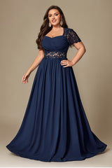 Curveins Plus Size Strapless Embroidered Short Sleeve Waist Cinch A-Line Maxi Dress