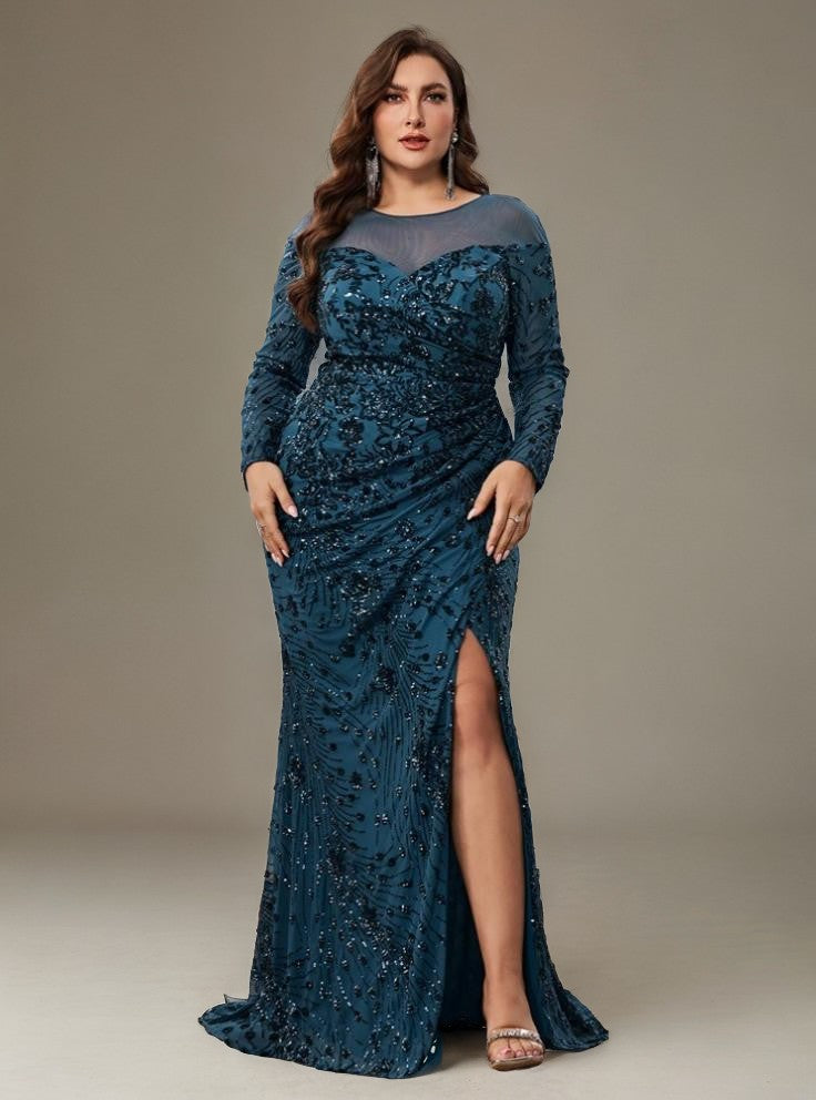 Curveins Plus Size Crew Neck Long Sleeve Floral Sequin Bodycon Slit Maxi Dress