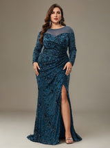 Curveins Plus Size Crew Neck Long Sleeve Floral Sequin Bodycon Slit Maxi Dress