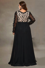 Curveins Plus Size Elegant V-Neck Long Sleeve Dress with Textured Floral Details