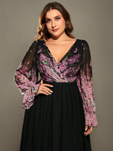 Curveins Plus Size V-Neck Floral Patchwork Maxi Dress with Flattering Flare Sleeves