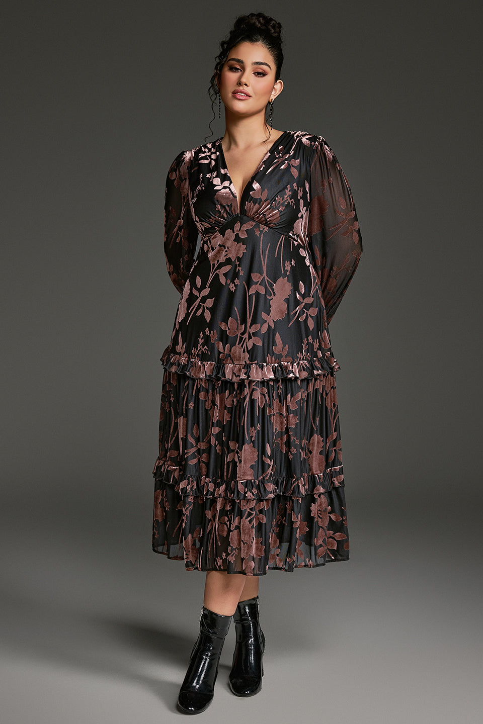 Curveins Plus Size Velvet V-Neck Lantern Sleeve Tiered Midi Dress