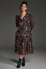 Curveins Plus Size Velvet V-Neck Lantern Sleeve Tiered Maxi Dress
