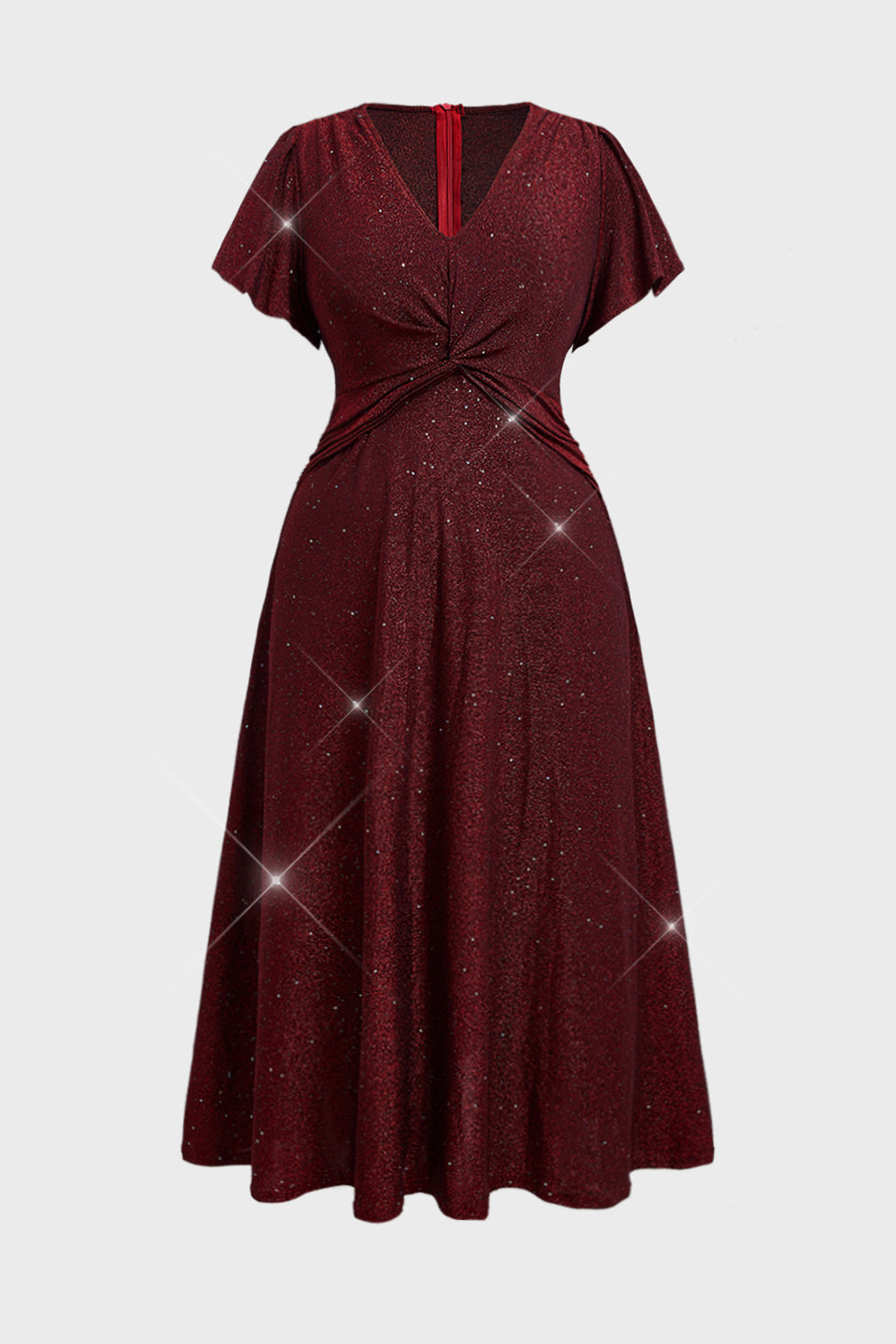 Curveins Plus Size V Neck Short Sleeve Ruched Sparkling Flared Midi Dress