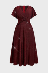 Curveins Plus Size V Neck Short Sleeve Ruched Sparkling Flared Midi Dress
