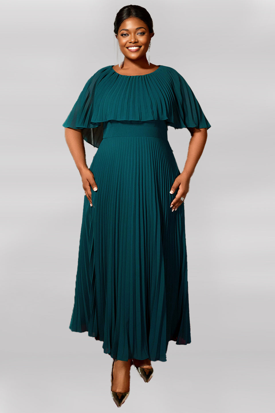 Curveins Plus Size Round Neck Short Cape Sleeve Elegant A-Line Maxi Dress