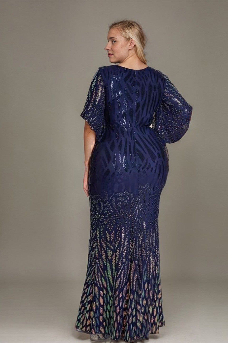Curveins Plus Size V-Neck Batwing Sleeve Gradient Sequin Bodycon Maxi Dress