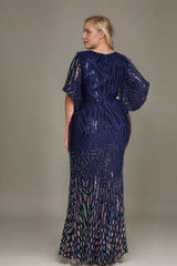 Curveins Plus Size V-Neck Batwing Sleeve Gradient Sequin Bodycon Maxi Dress