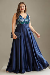 Curveins Plus Size V Neck Sequin Sleeveless Ruched Elegant Evening Maxi Dress