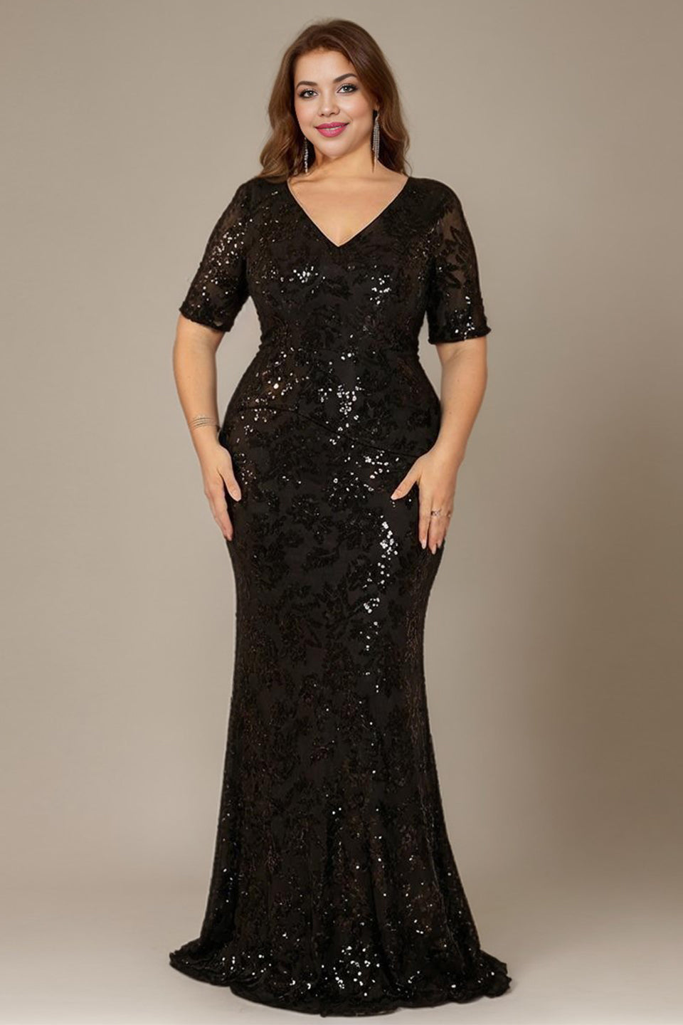 Curveins Plus Size V Neck Short Sleeve Bodycon Sequin Floral Maxi Dress