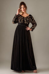 Curveins Plus Size V-Neck Long Sleeve Sequin Floral Embellished Velvet Evening Gown