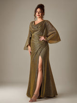 Curveins Plus Size Long Sleeve Side Slit Slim Fit Maxi Dress