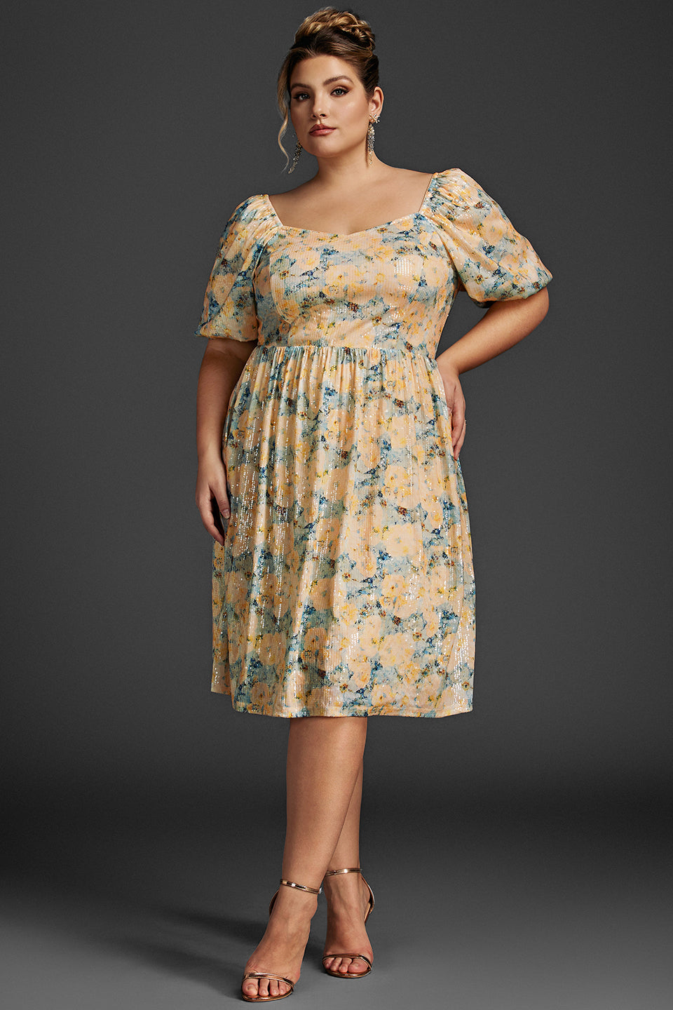 Curveins Plus Size Lantern Sleeve Floral Sequin Midi Dress