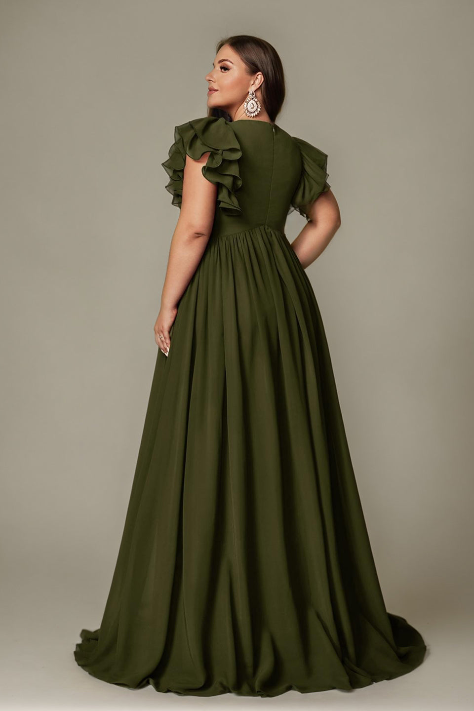 Curveins Plus Size V-Neck Ruffle Sleeve Split A-Line Maxi Dress