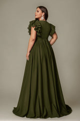 Curveins Plus Size V-Neck Ruffle Sleeve Split A-Line Maxi Dress