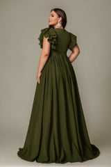 Curveins Plus Size V-Neck Ruffle Sleeve Split A-Line Maxi Dress
