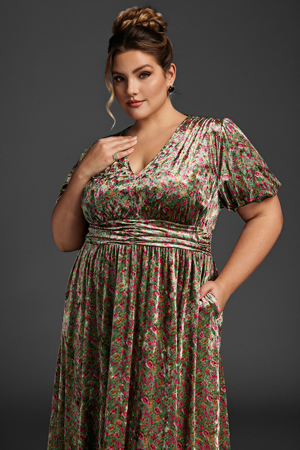 Curveins Plus Size Velvet Floral Puff Sleeves V-Neck Ruched Maxi Dress