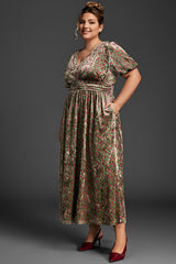 Curveins Plus Size Velvet Floral Puff Sleeves V-Neck Ruched Maxi Dress