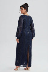 Curveins Plus Size V-Neck Sequin Balloon Sleeve Back-Slit Elegant Evening Maxi Dress