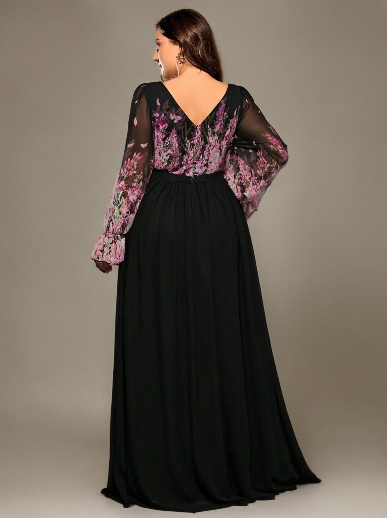 Curveins Plus Size V-Neck Floral Patchwork Maxi Dress with Flattering Flare Sleeves