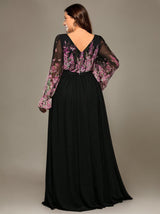 Curveins Plus Size V-Neck Floral Patchwork Maxi Dress with Flattering Flare Sleeves