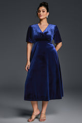 Curveins Plus Size Velvet V-Neck Ruched Hem Maxi Dress
