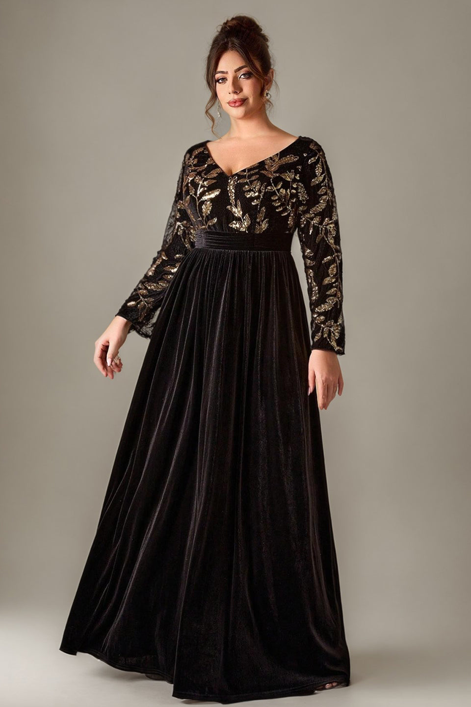 Curveins Plus Size V-Neck Long Sleeve Sequin Floral Embellished Velvet Evening Gown