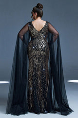 Curveins Plus Size V-Neck Sequin Maxi Dress with Cape Sleeves