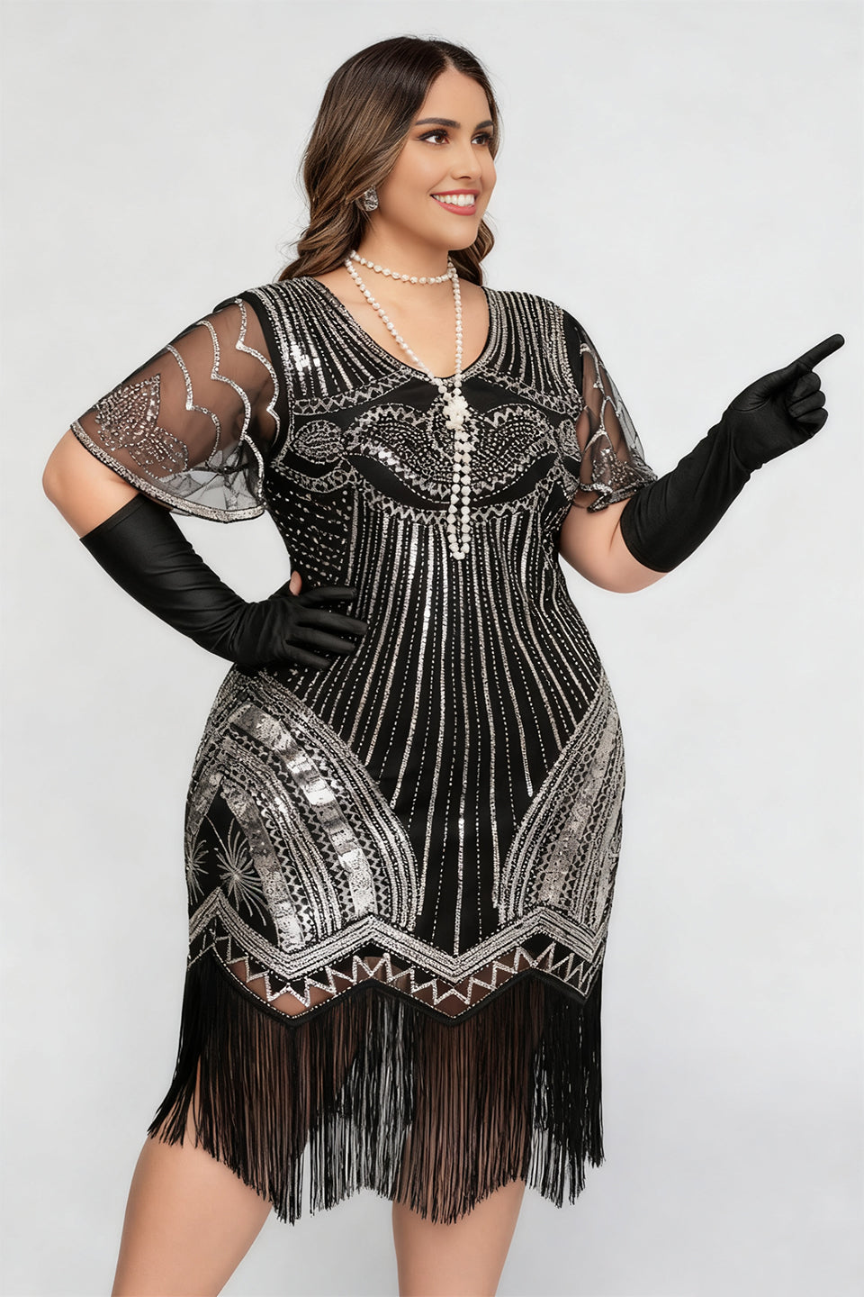 Curveins 1920s Gold Ruby Plus Size Striped Sequin Fringe Flapper Midi Dress