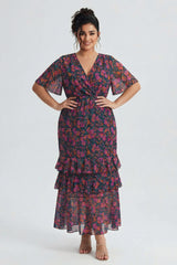 Curveins Plus Size V-Neck Batwing Sleeve Printed Maxi Dress with Ruched Detail