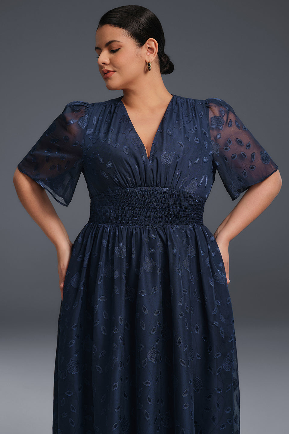 Curveins Plus Size V-Neck High-Waist Pleated Maxi Dress