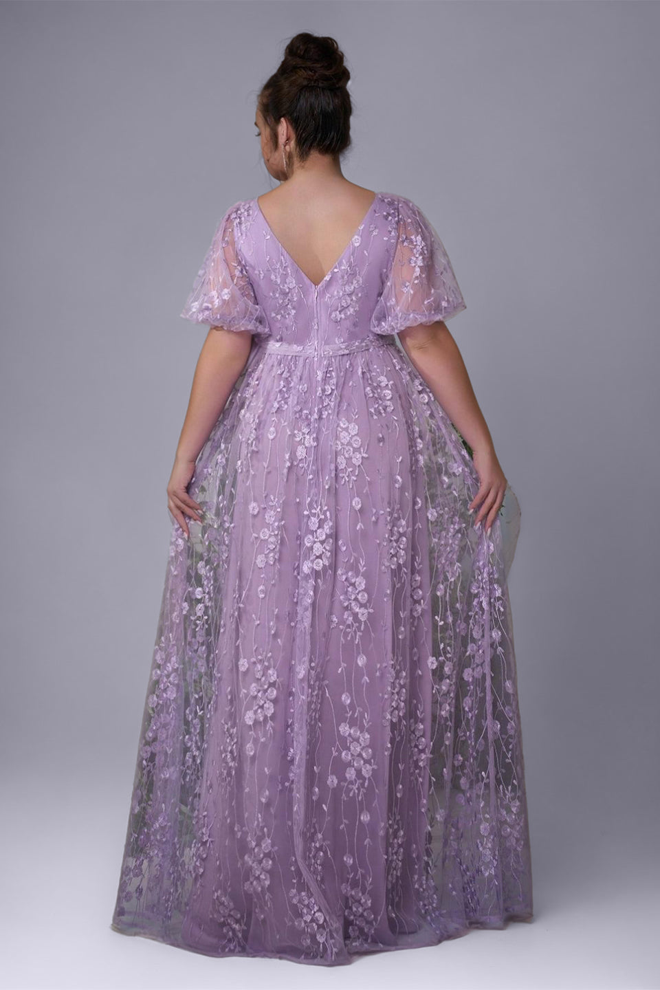 Curveins Plus Size Floral Embroidery V-Neck Puff Sleeve Side-Slit Maxi Dress