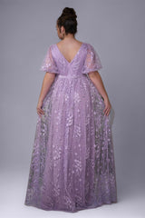 Curveins Plus Size Floral Embroidery V-Neck Puff Sleeve Side-Slit Maxi Dress