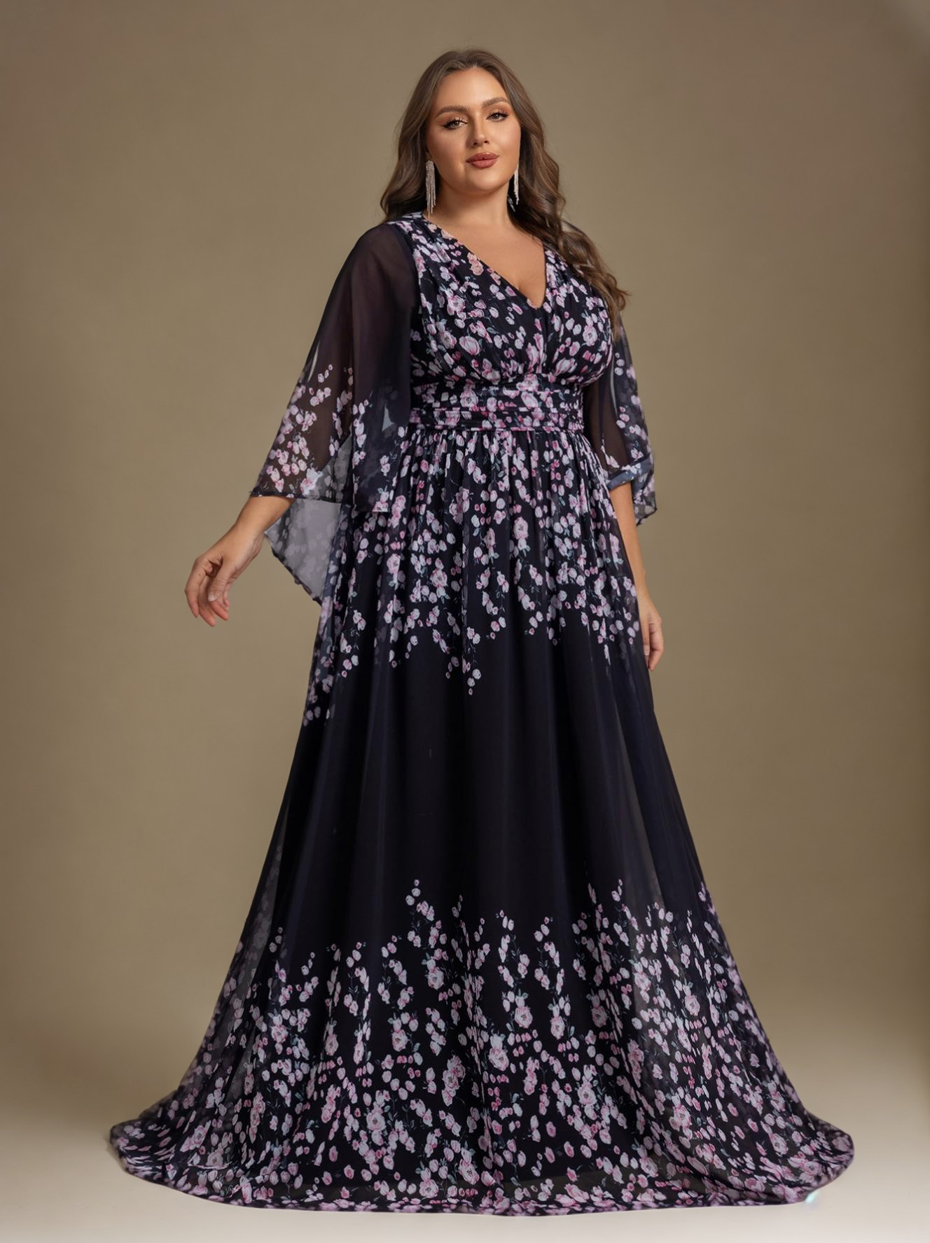 Curveins Elegant Plus Size V-Neck Batwing Sleeve Long Dress with Floral Print