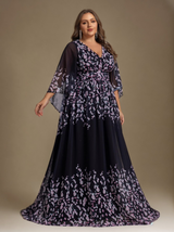 Curveins Elegant Plus Size V-Neck Batwing Sleeve Long Dress with Floral Print