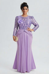 Curveins Plus Size Long Sleeve Lace Patchwork Sequin Maxi Dress with Round Neck