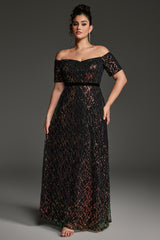 Curveins Plus Size Off-Shoulder Waist Cinched Striped Sequin Maxi Evening Dress