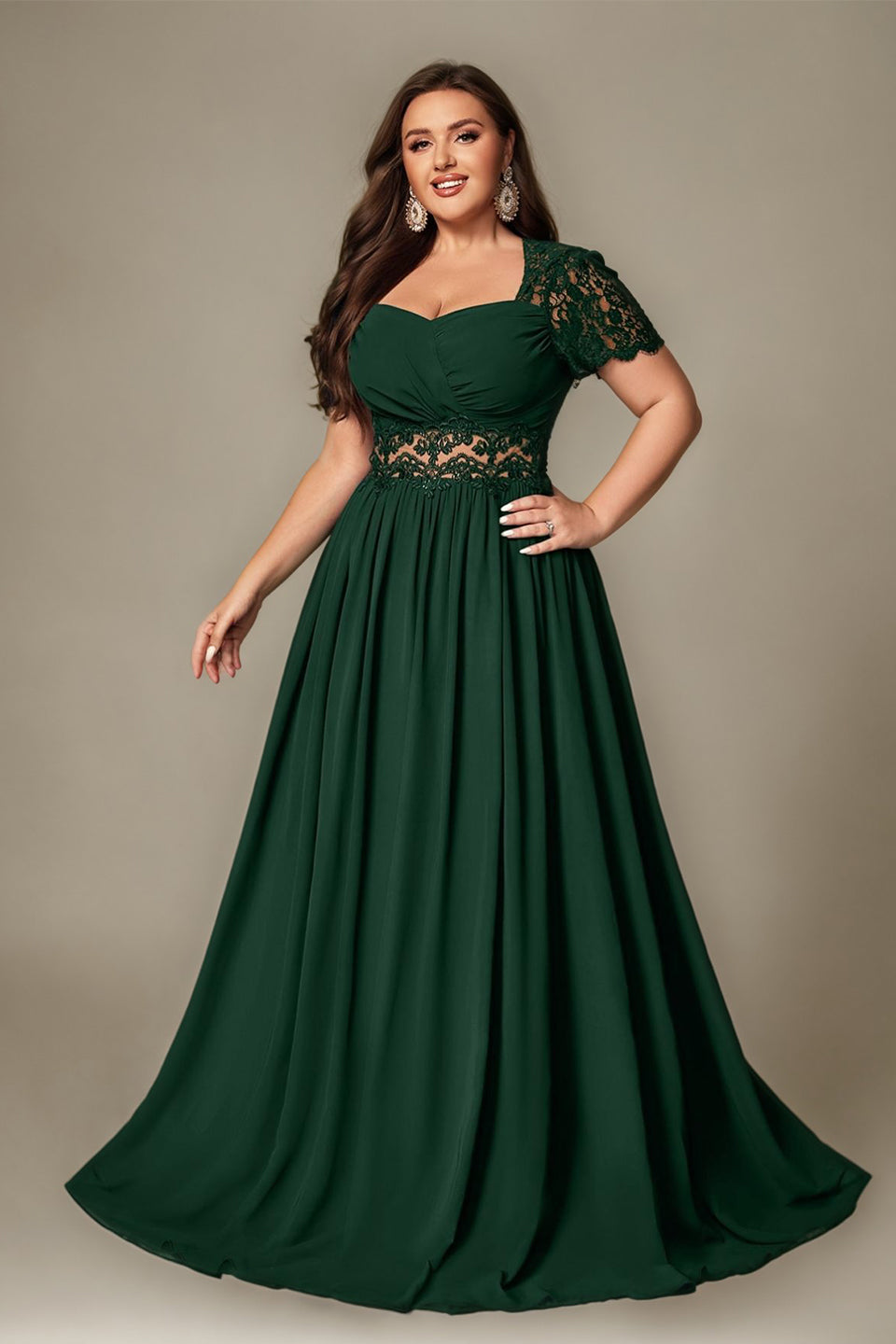 Curveins Plus Size Strapless Embroidered Short Sleeve Waist Cinch A-Line Maxi Dress