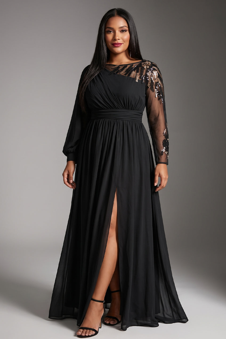 Curveins Plus Size Crew Neck Long Sleeve Side Slit Elegant Maxi Dress