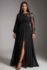 Curveins Plus Size Crew Neck Long Sleeve Side Slit Elegant Maxi Dress