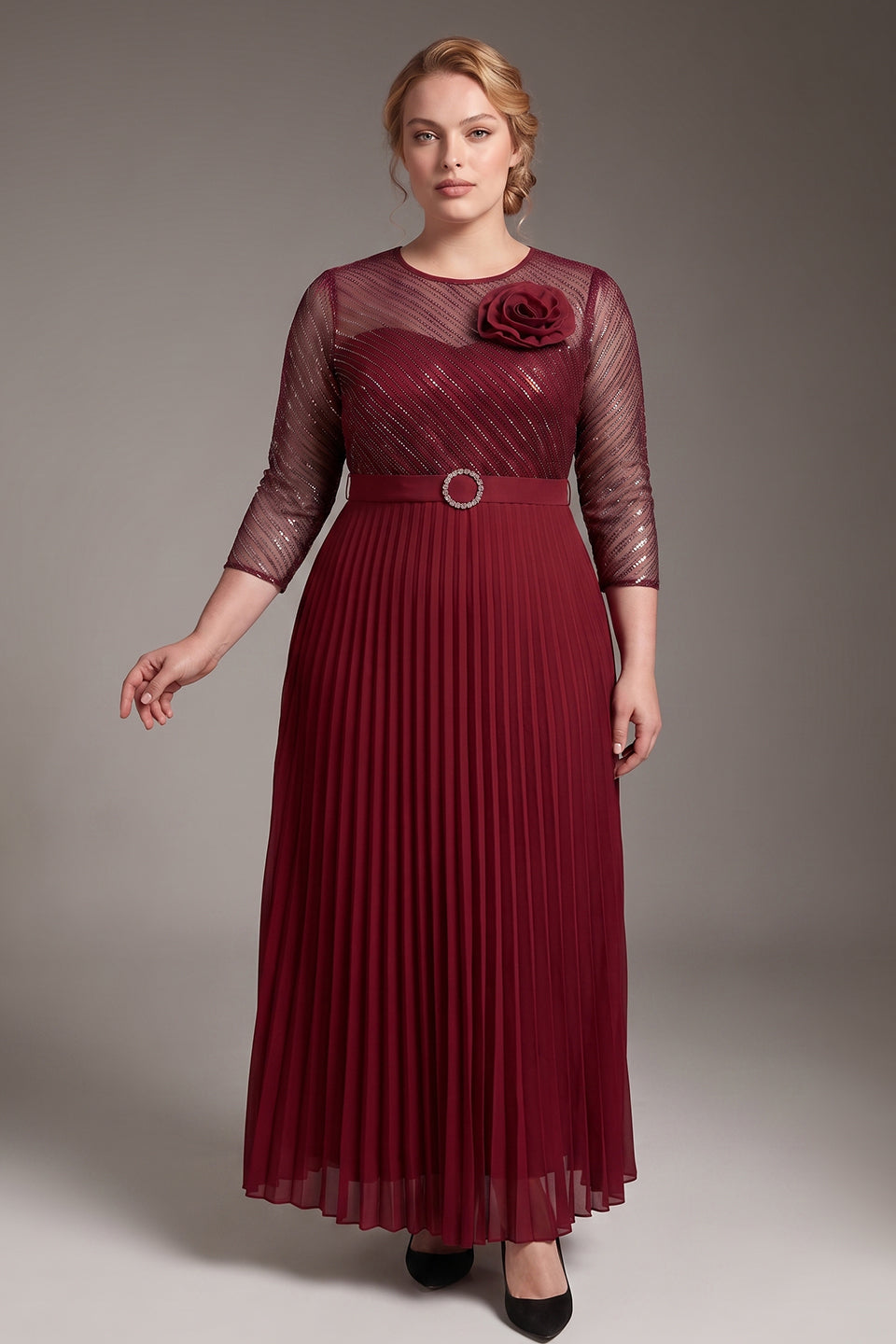 Curveins Plus Size Chic Round Neck Ruched Detail Long Sleeve Maxi Dress