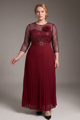 Curveins Plus Size Chic Round Neck Ruched Detail Long Sleeve Maxi Dress