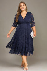 Curveins Plus Size V-Neck 3/4 Sleeves Lace & Mesh Maxi Dress