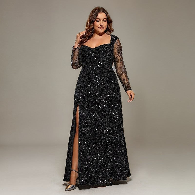 Curveins Plus Size Long Sleeves Side Slit Sequin Mermaid Maxi Dress