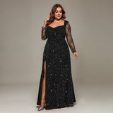 Curveins Plus Size Long Sleeves Side Slit Sequin Mermaid Maxi Dress