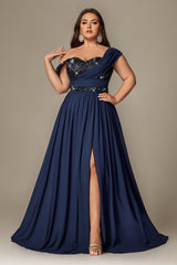 Curveins Plus Size Asymmetric One-Shoulder Sequin Side-Slit Maxi Dress