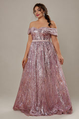 Curveins Plus Size Off-Shoulder Textured Sequin Waist-Defined Maxi Dress